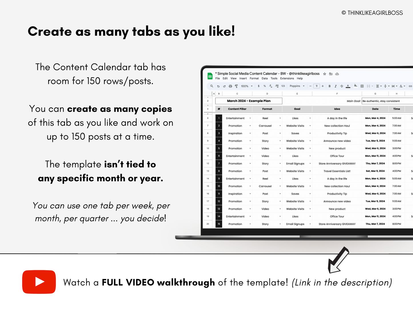 Simple Social Media Content Calendar - V1 Black & White