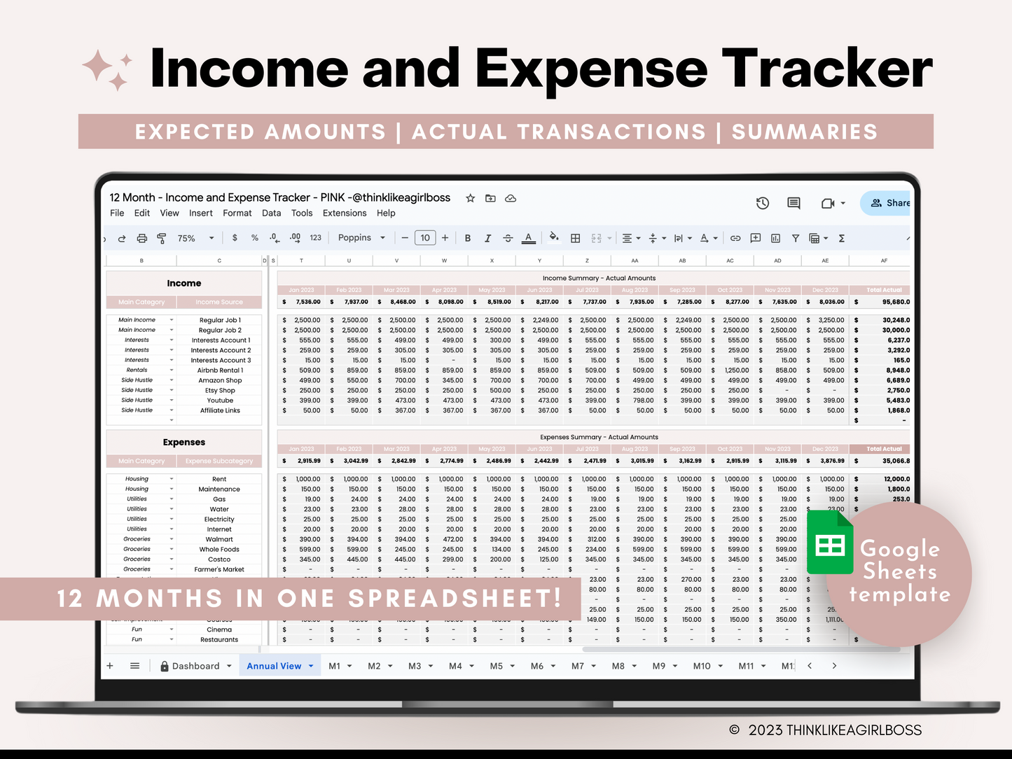 12 Month Income and Expense Tracker - Pink - V1