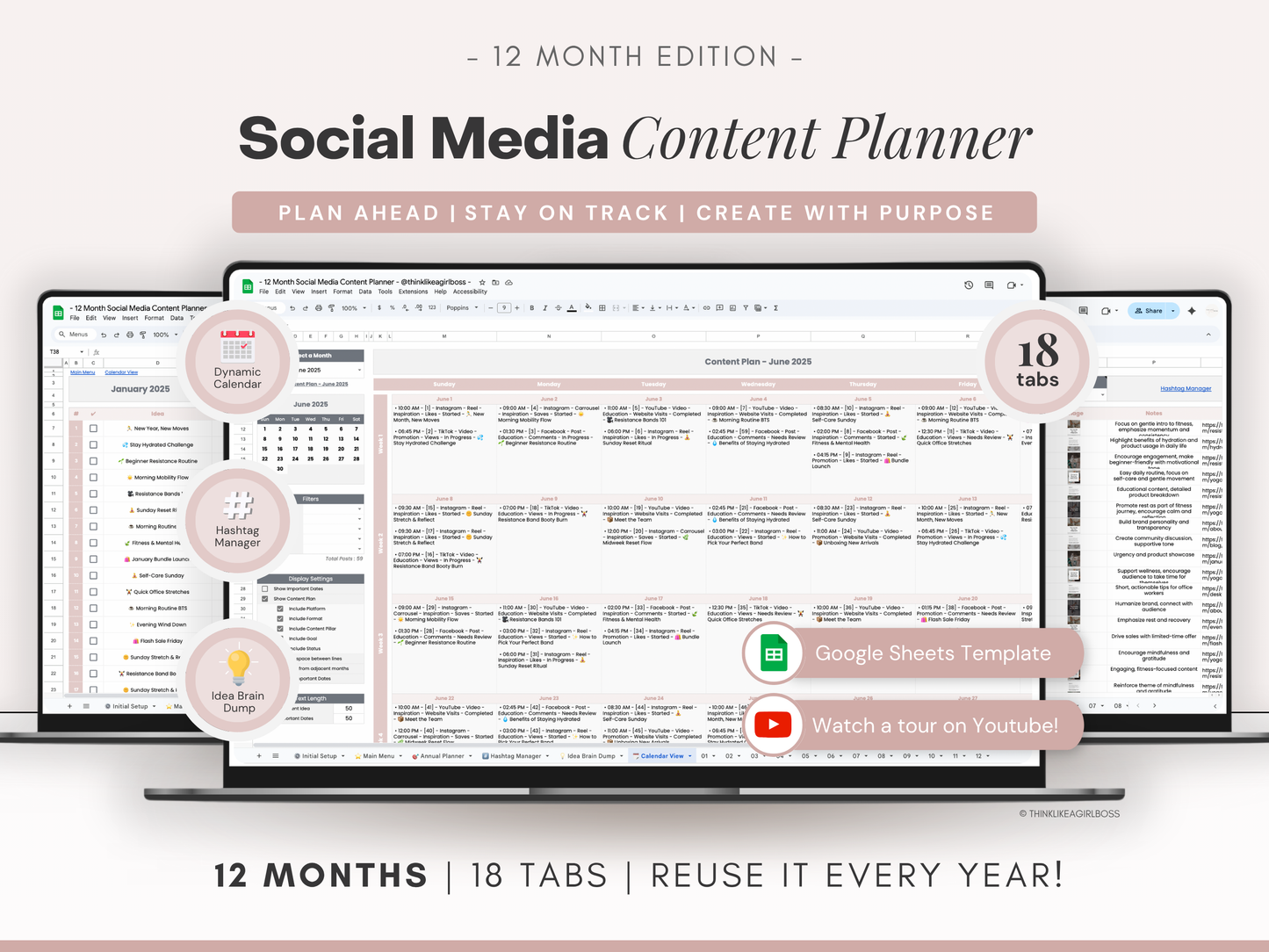 12 Month Social Media Content Planner - V1 Pink