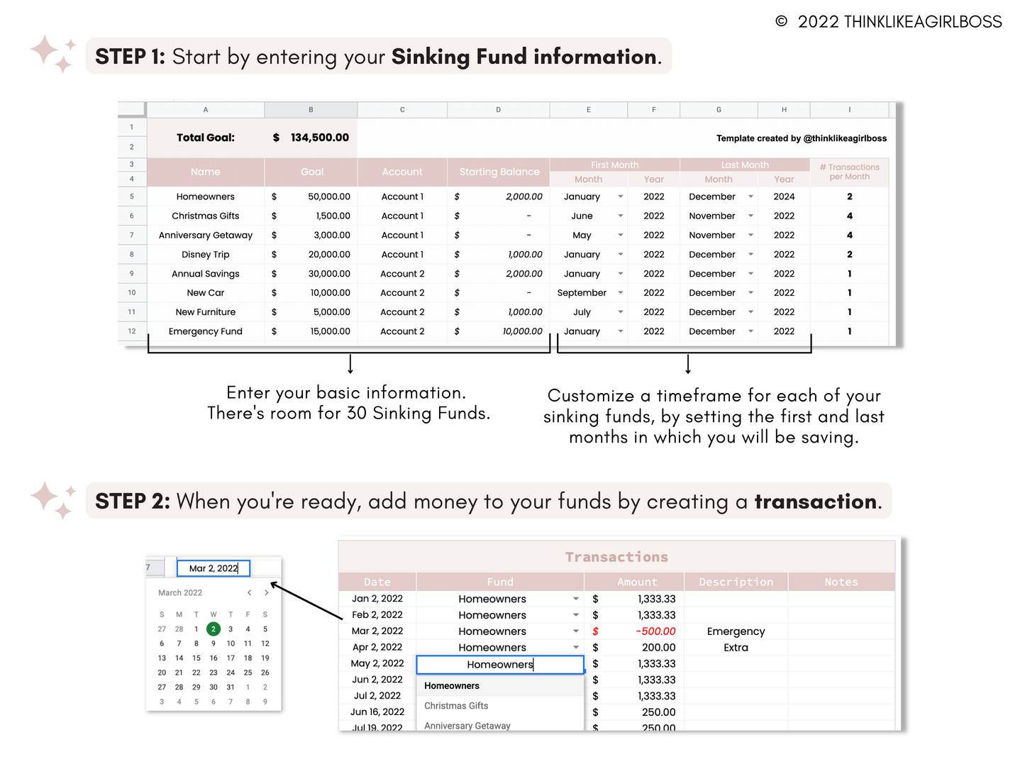 Sinking Funds Spreadsheet - V1 Pink