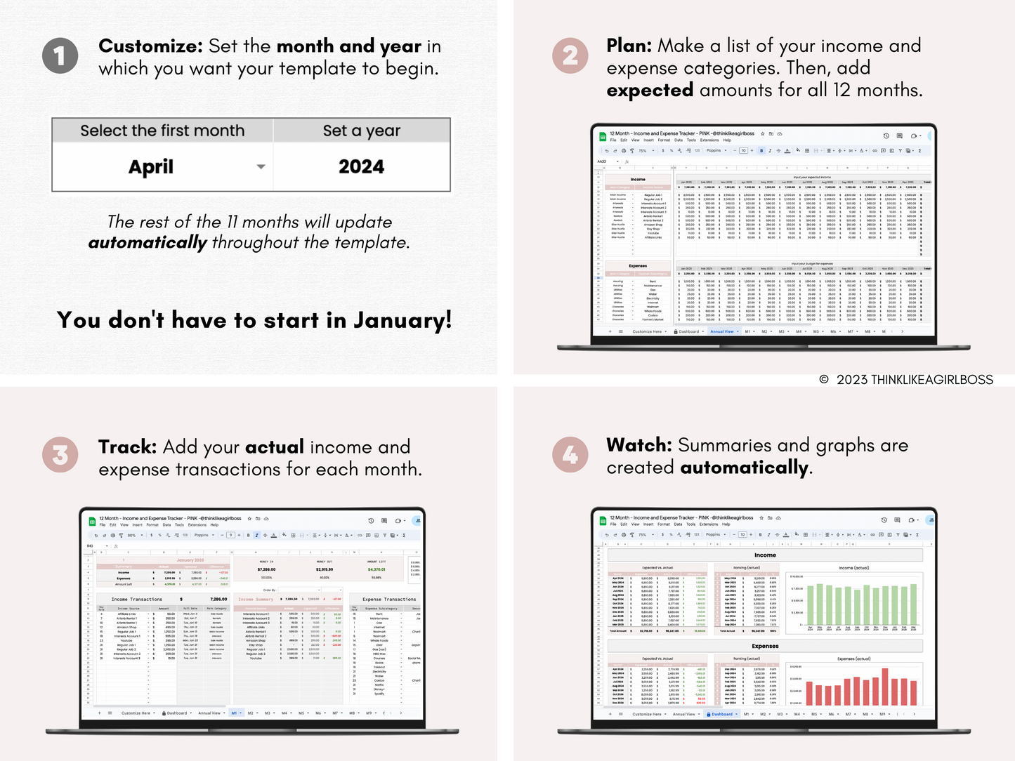12 Month Income and Expense Tracker - Pink - V1