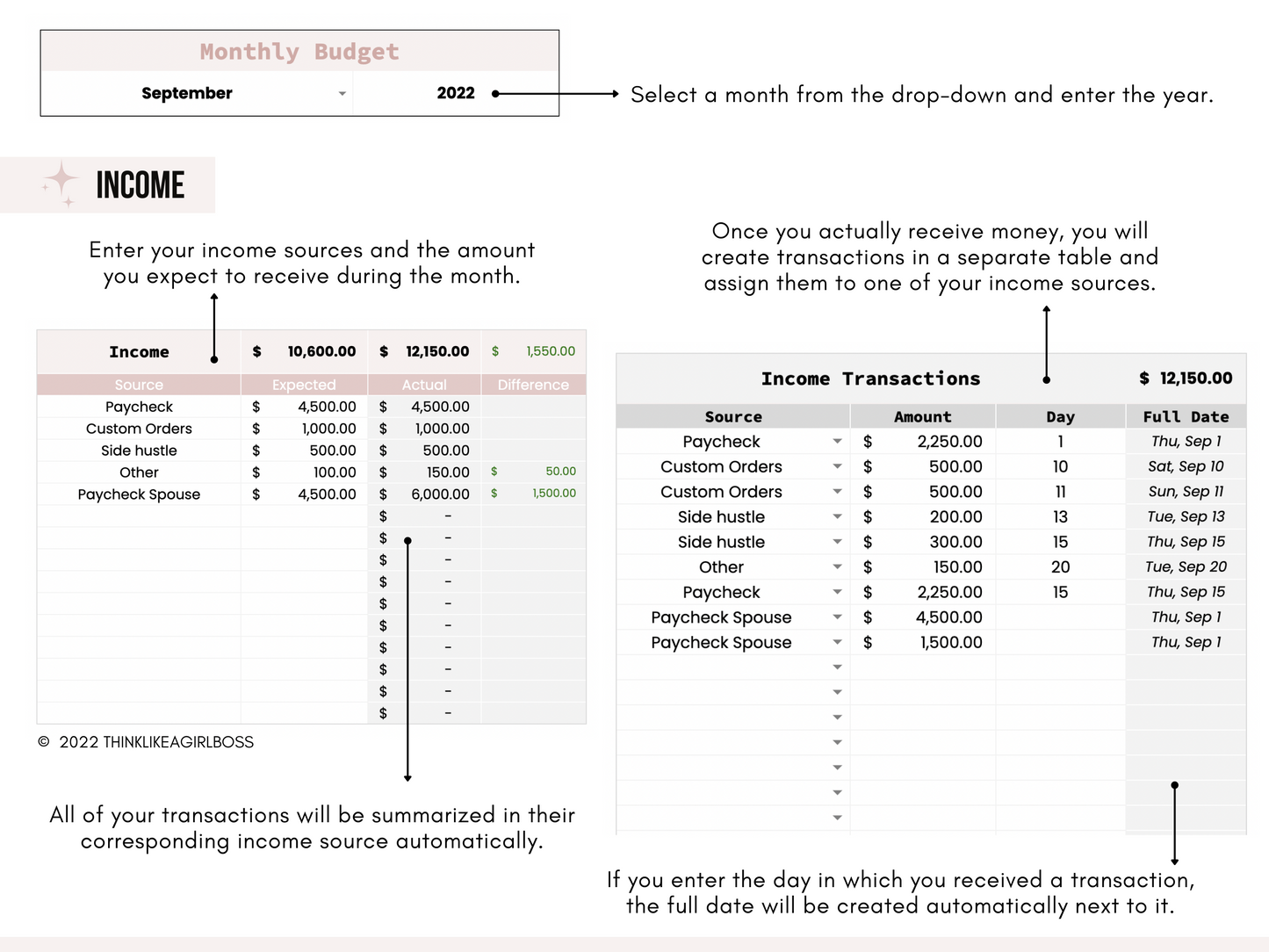 Monthly Budget Spreadsheet - V2 Pink