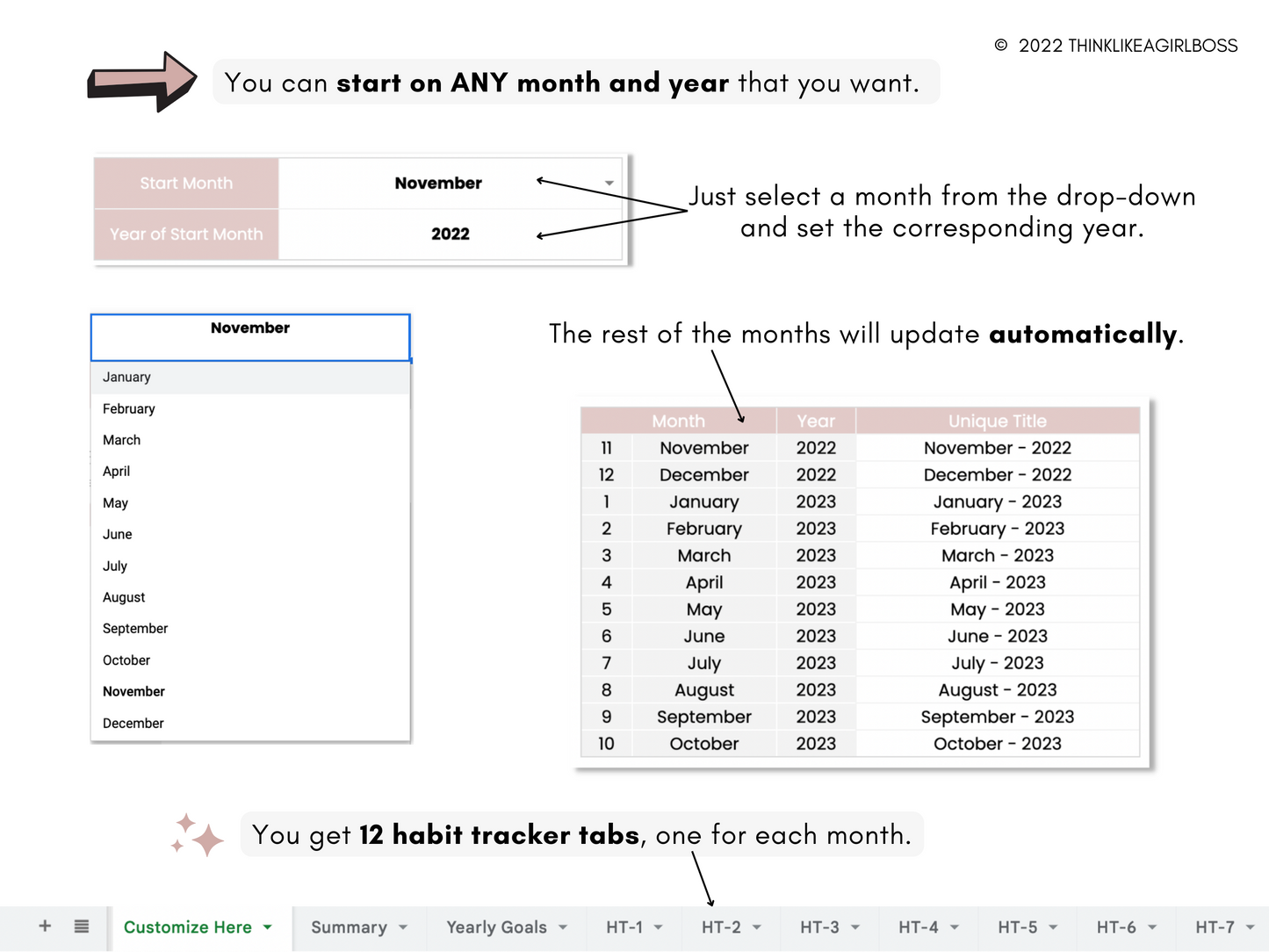 Habit Tracker - 12 Months - V2 Pink