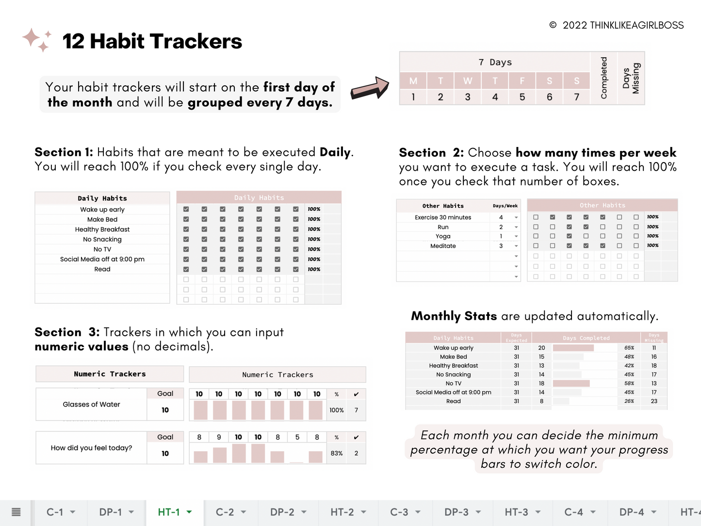 Habit Tracker - 12 Months - V2 Pink