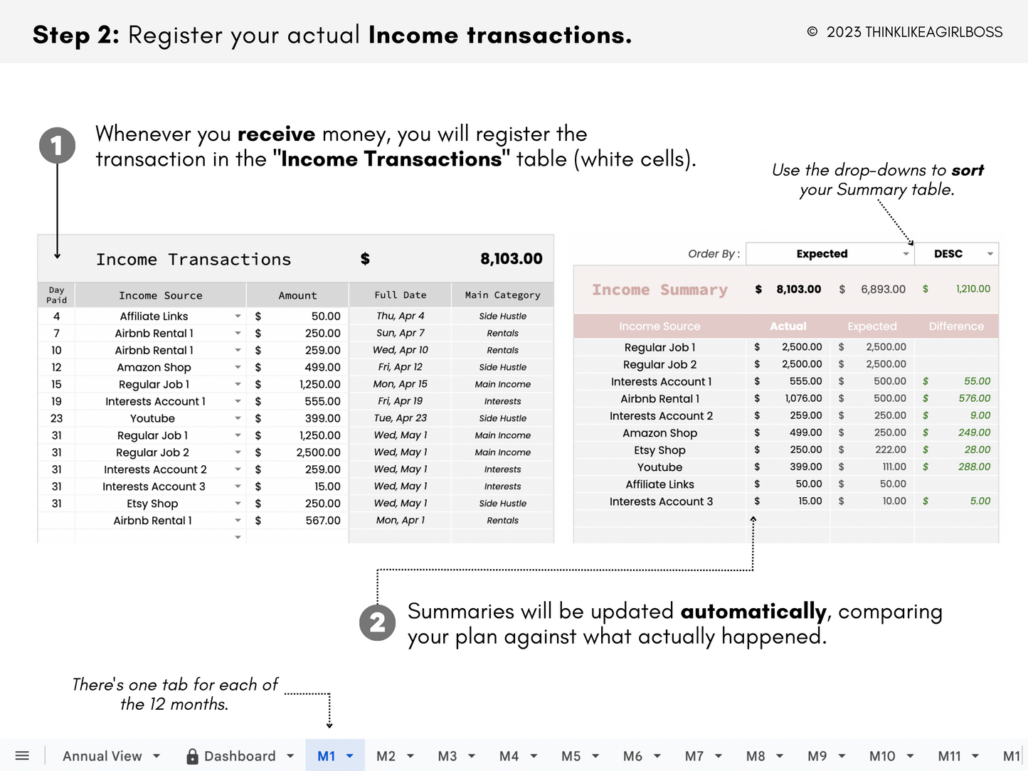 12 Month Income and Expense Tracker - Pink - V1