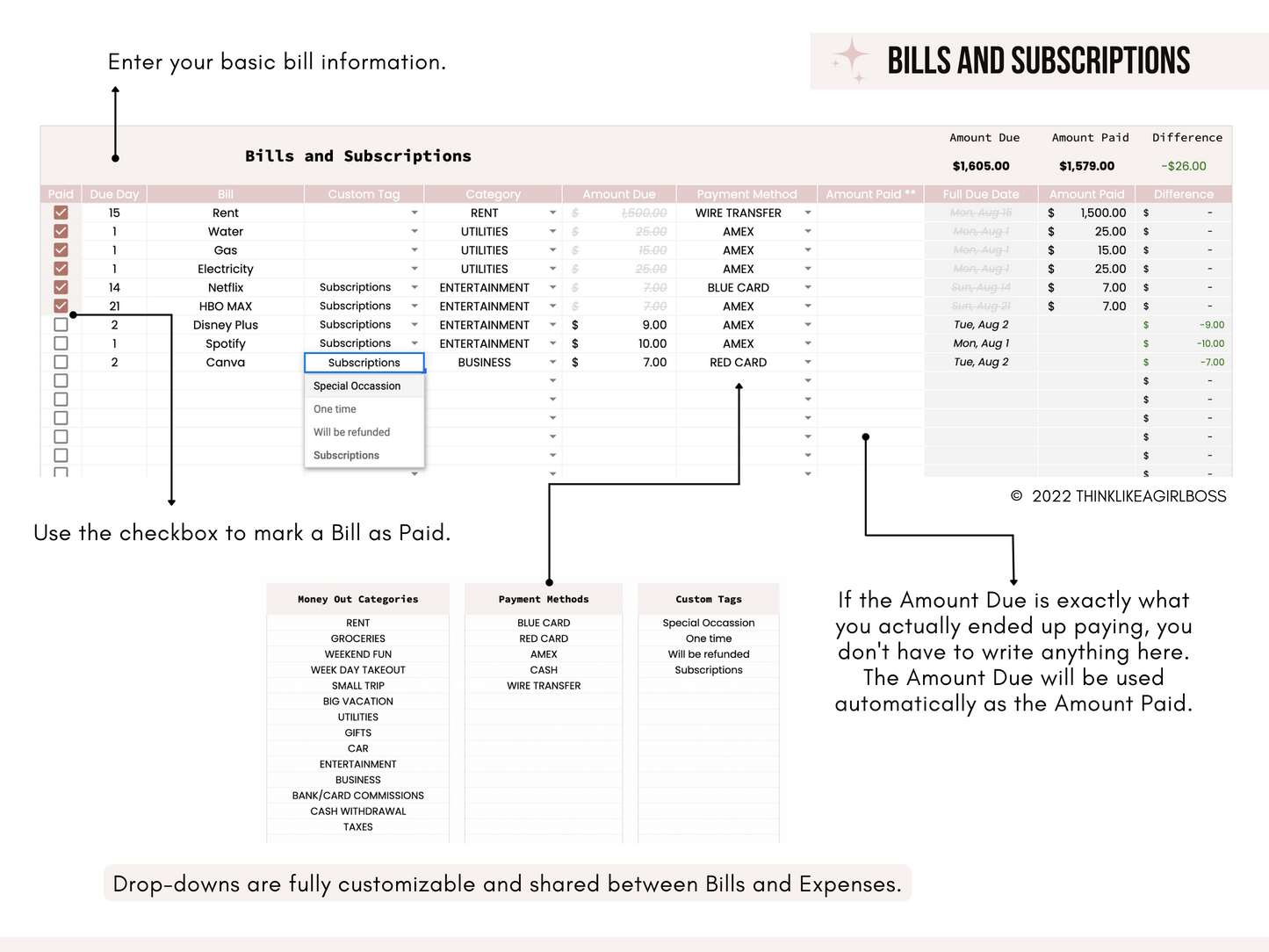 Monthly Budget Spreadsheet - V2 Pink