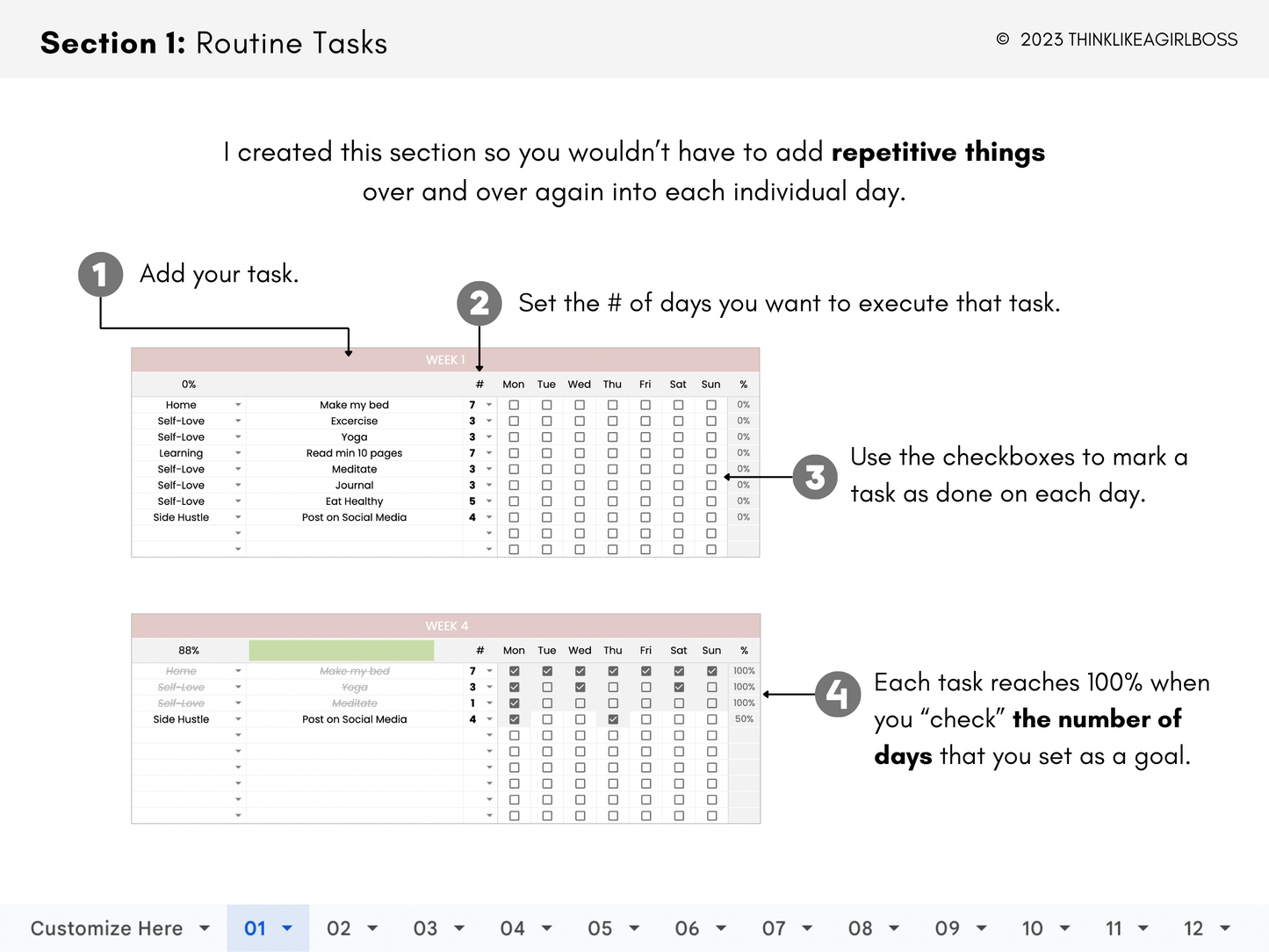 12 Month Calendar To-Do List - V1 Pink