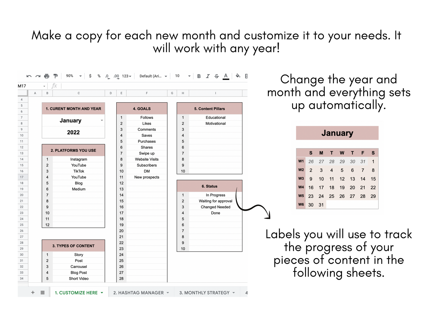 Monthly Social Media Content Planner - Pink