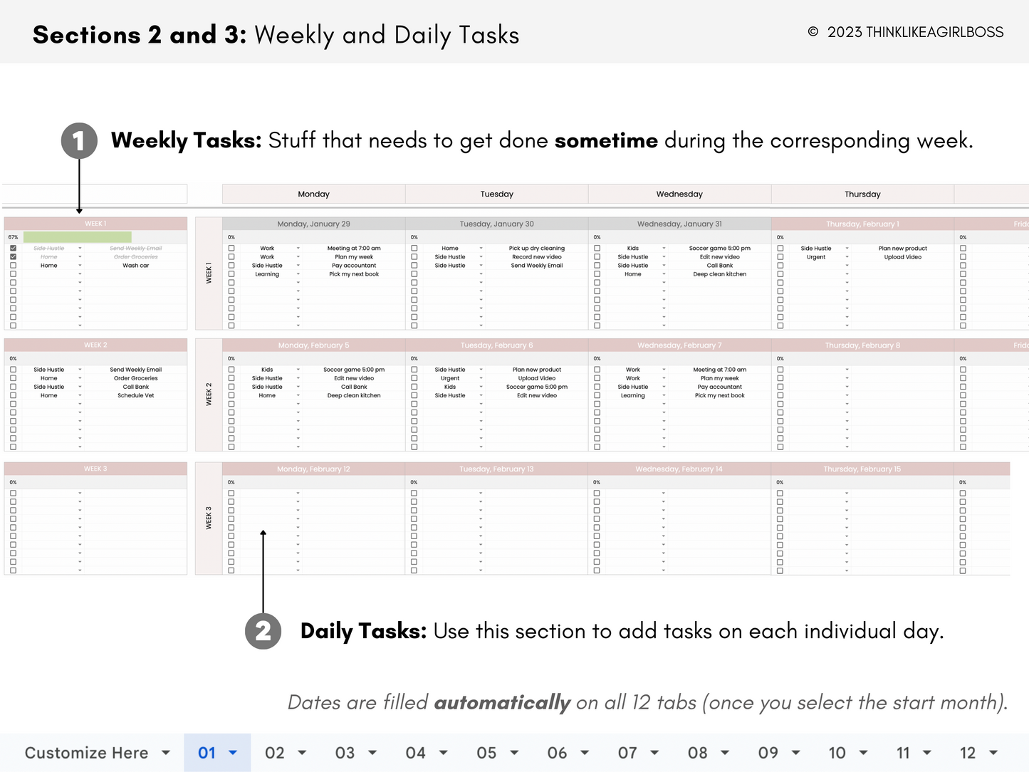 12 Month Calendar To-Do List - V1 Pink