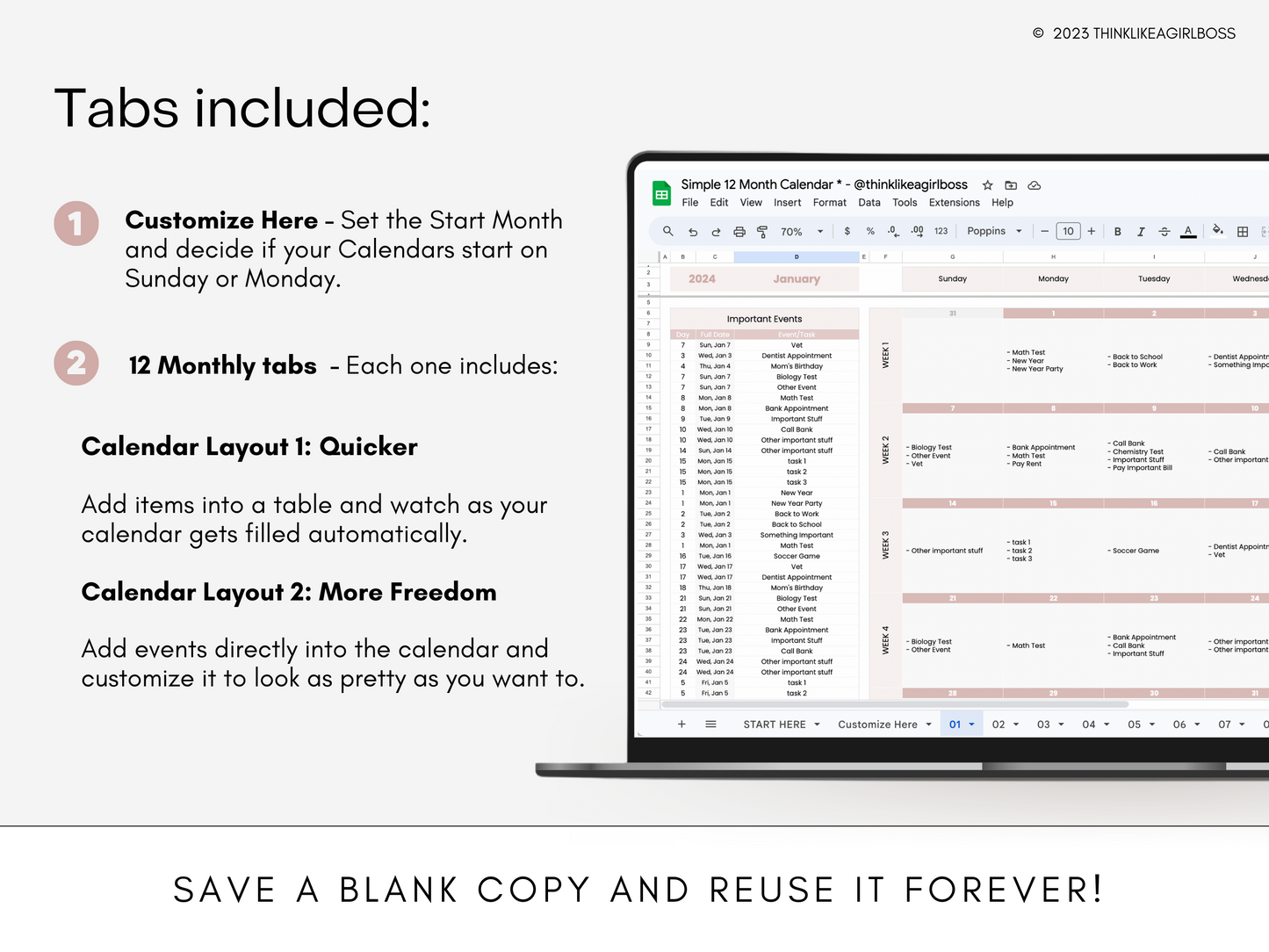 Simple 12 Month Calendar - V1 Pink