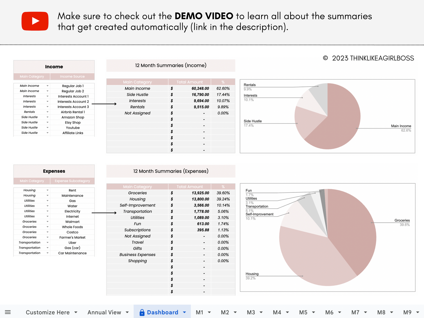 12 Month Income and Expense Tracker - Pink - V1