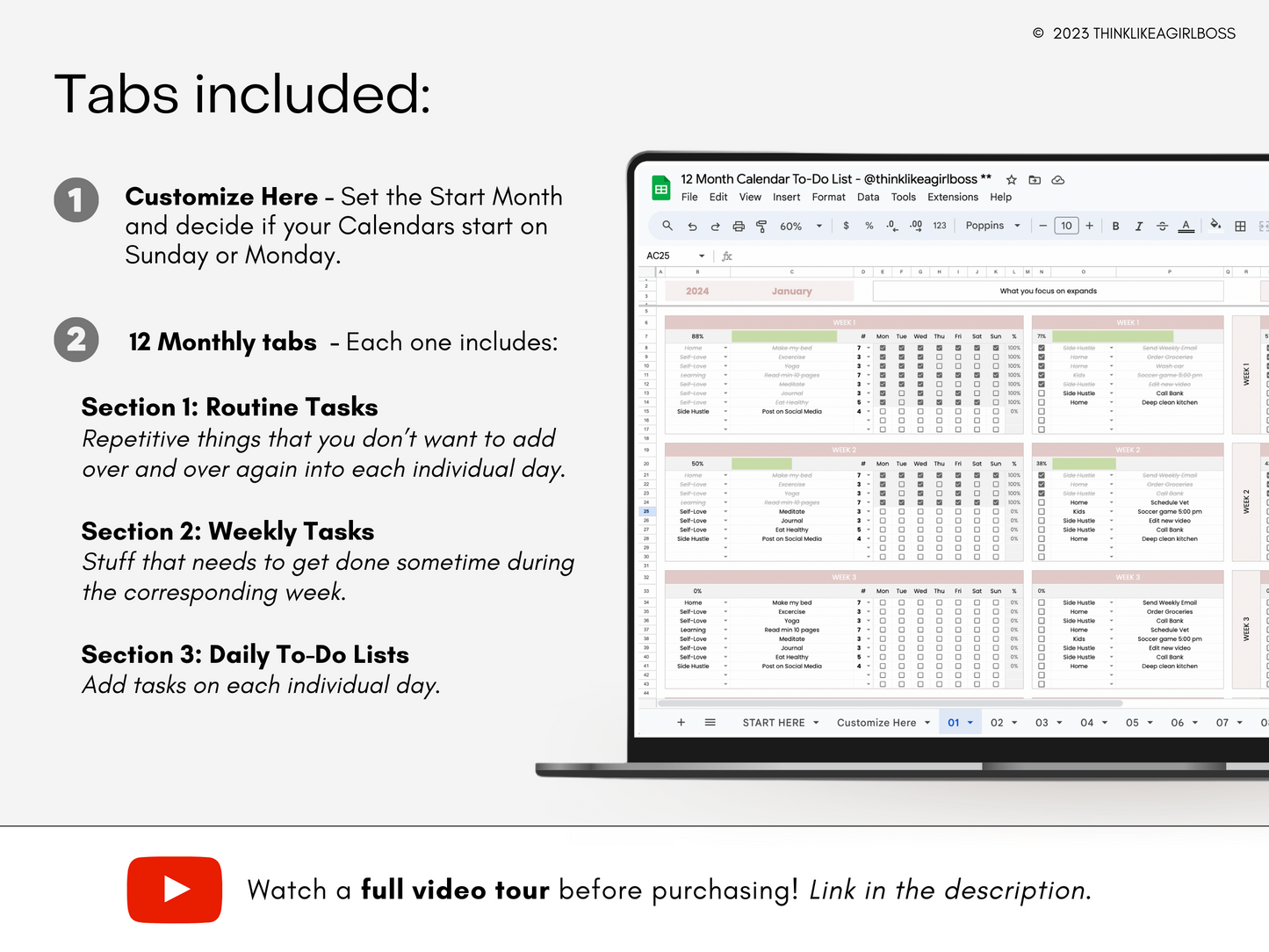 12 Month Calendar To-Do List - V1 Pink