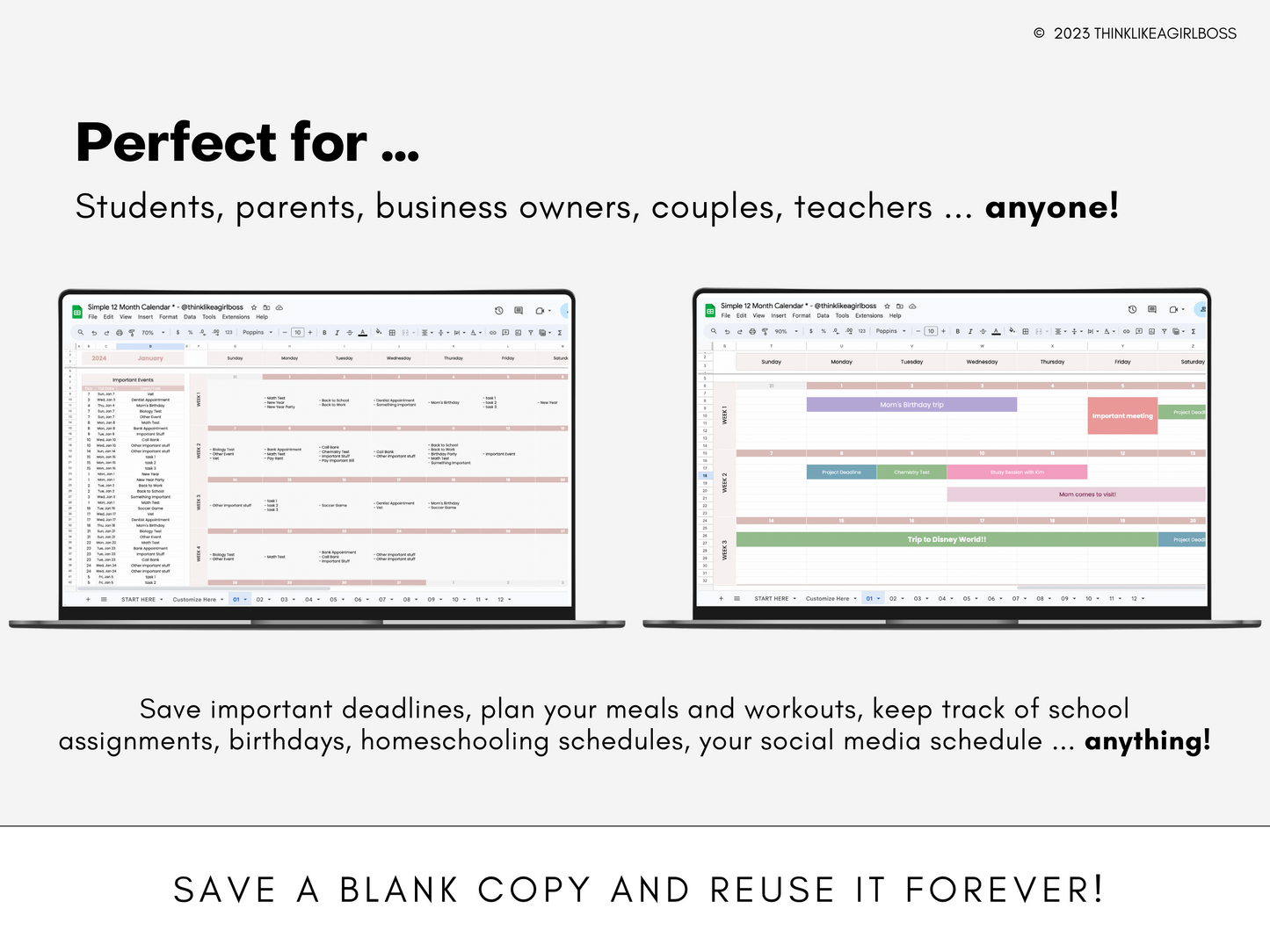 Simple 12 Month Calendar - V1 Pink