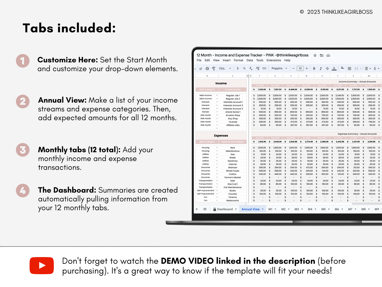 12 Month Income and Expense Tracker - Pink - V1
