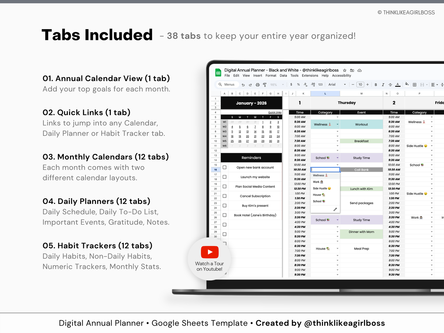 Digital Annual Planner - V1 Black and White