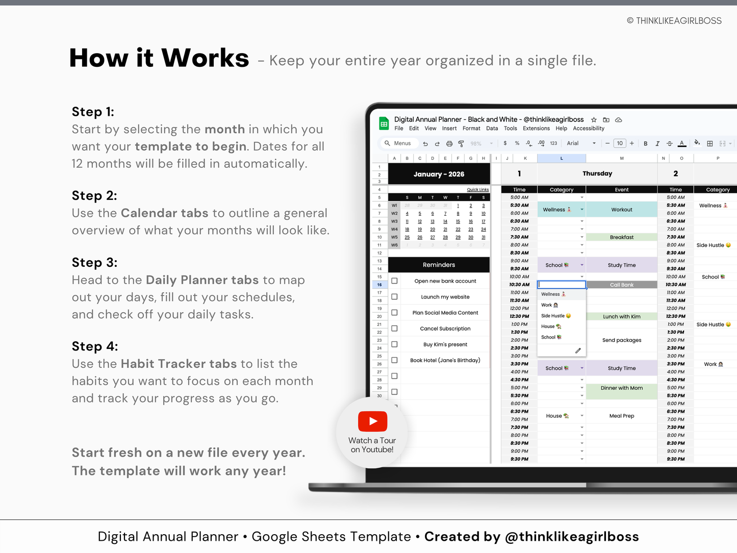 Digital Annual Planner - V1 Black and White
